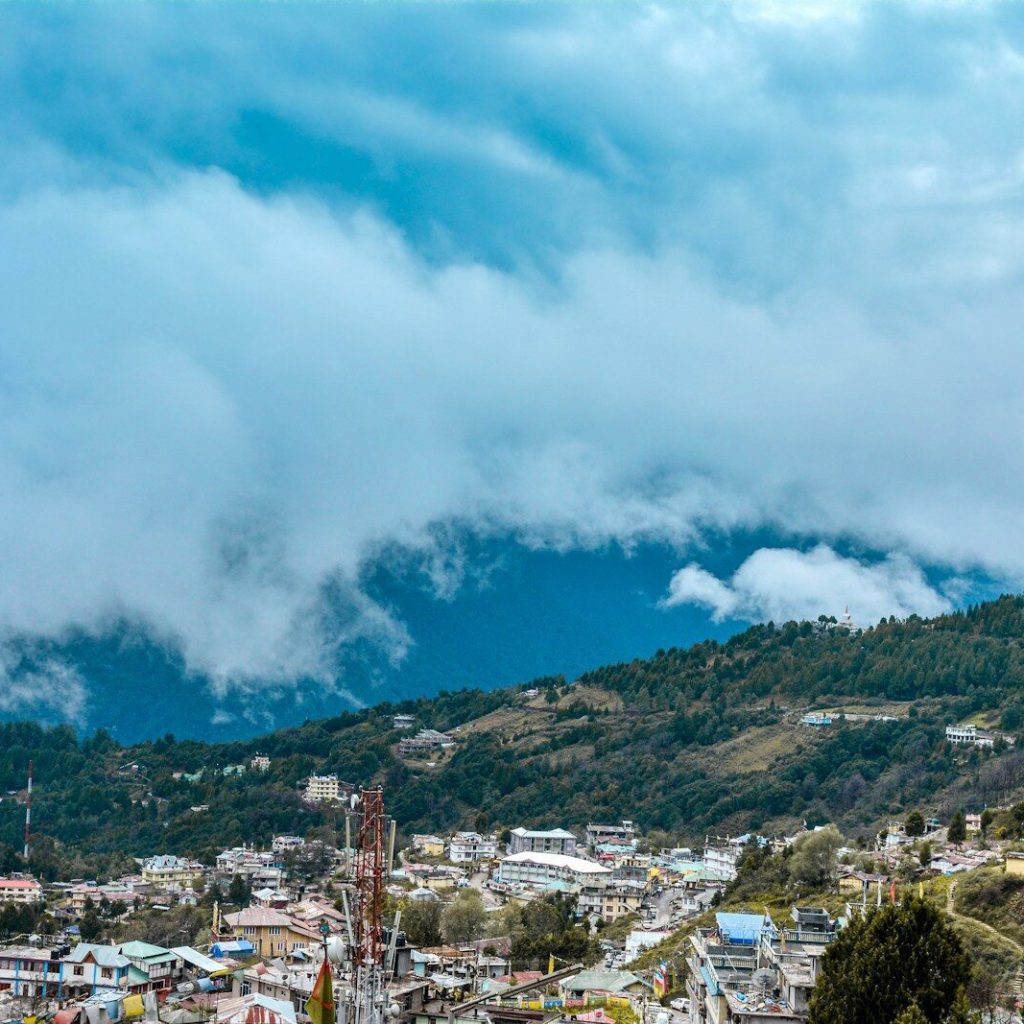 a view of a city with a mountain in the background